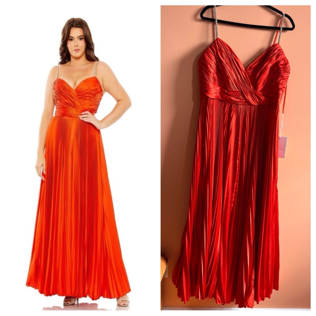 Nwt Mac Duggal 77008 Rhinestone Strapped Embellished Pleated Gown Cayenne 14w